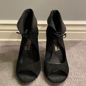 Salvatore Ferragamo black 3 inch front tie heels